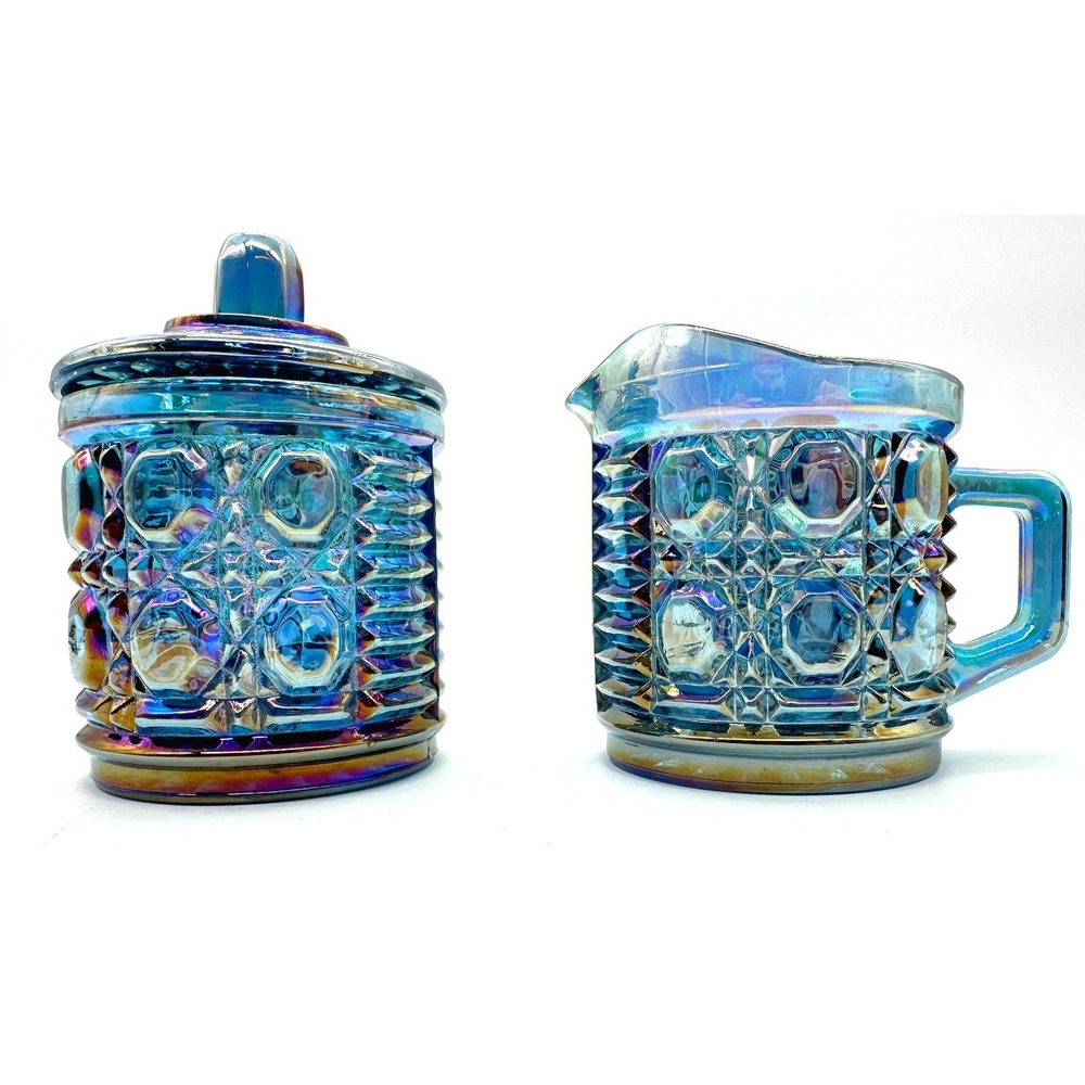 Blue Carnival Glass Cream and Sugar Set Iridescent Quilted Diamond Button Set